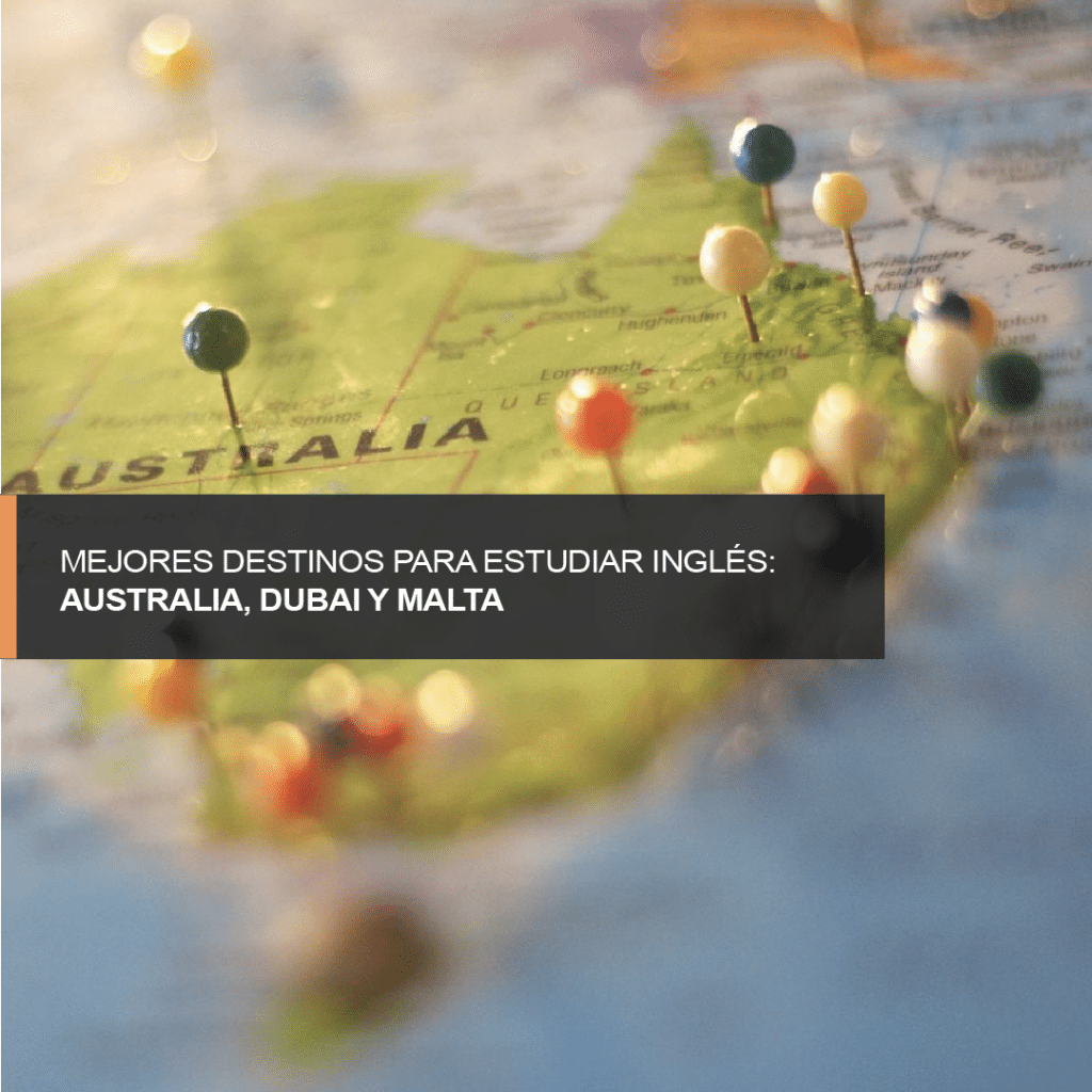 Mapa con pines marcando los mejores destinos para estudiar inglés: Australia, Dubái y Malta