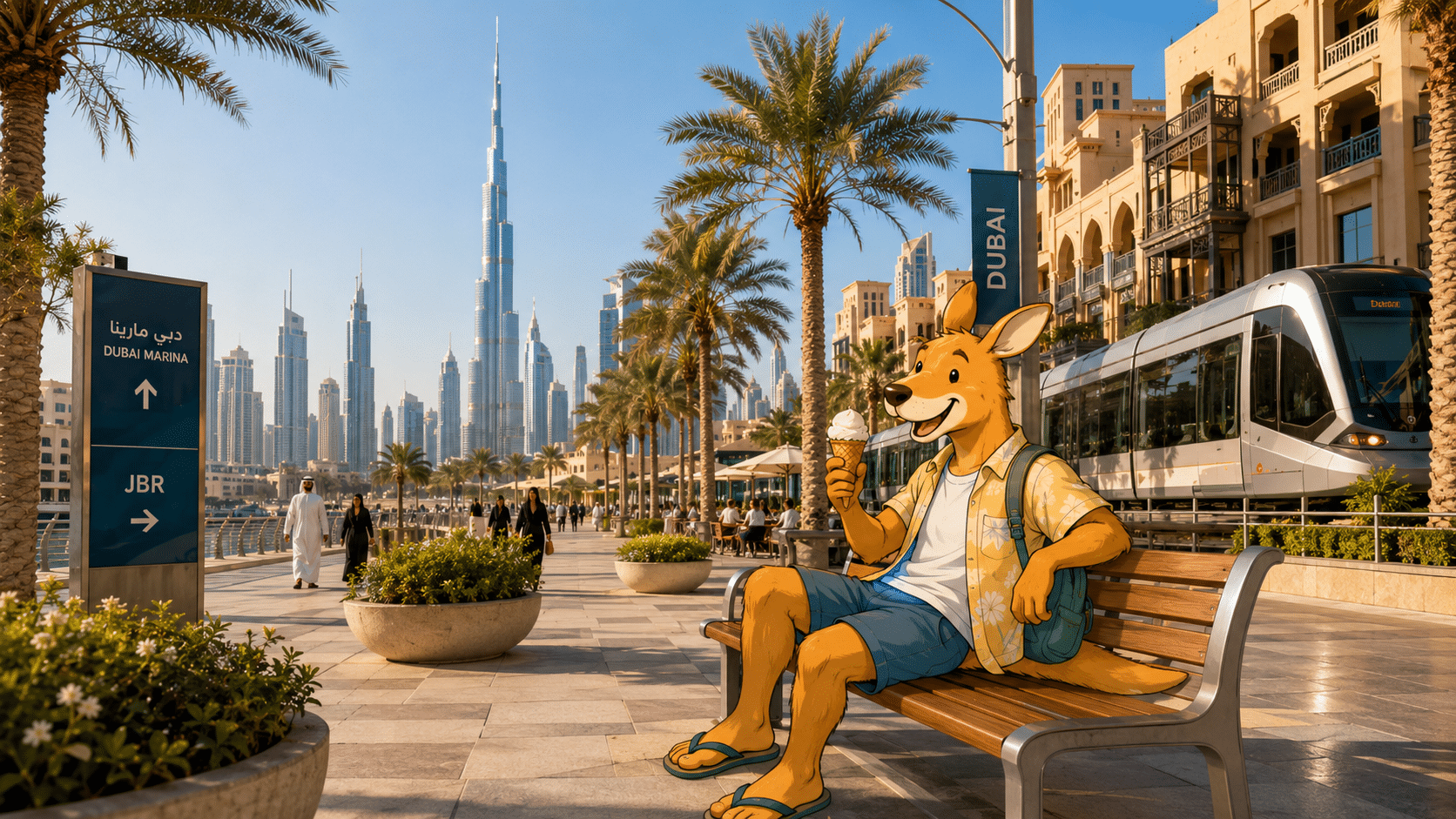 Kangurú disfrutando un helado en Dubai Marina