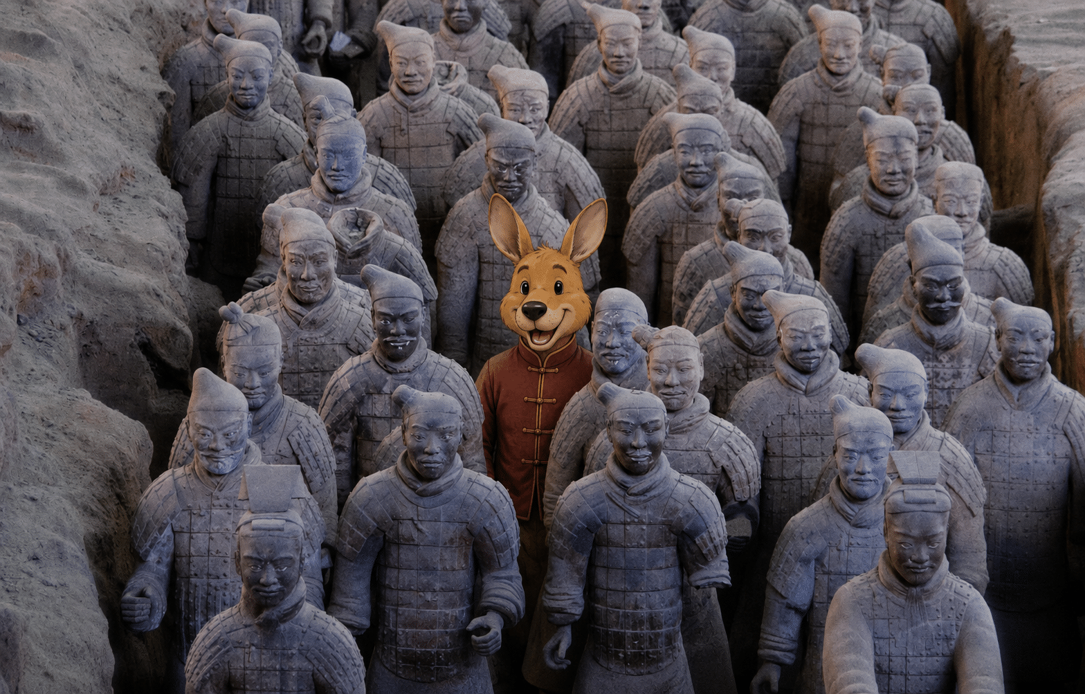 Kangurú entre los guerreros de terracota en Xi'an, China