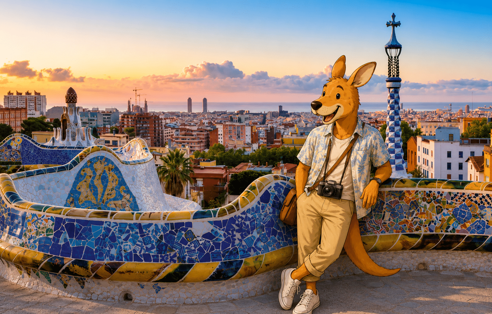 Kangurú ante la arquitectura de Gaudí en Barcelona