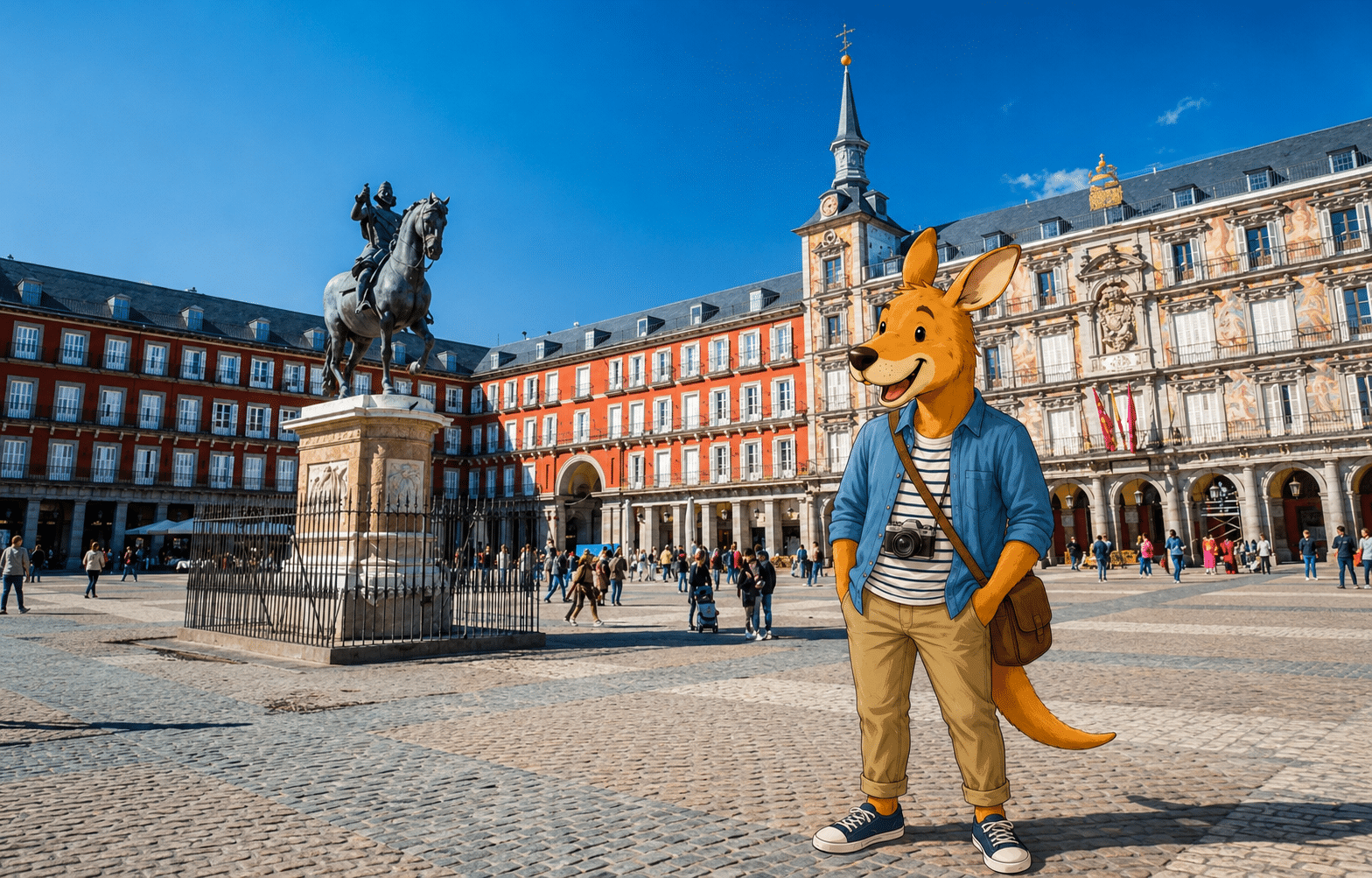 Kangurú visitando una plaza de Madrid