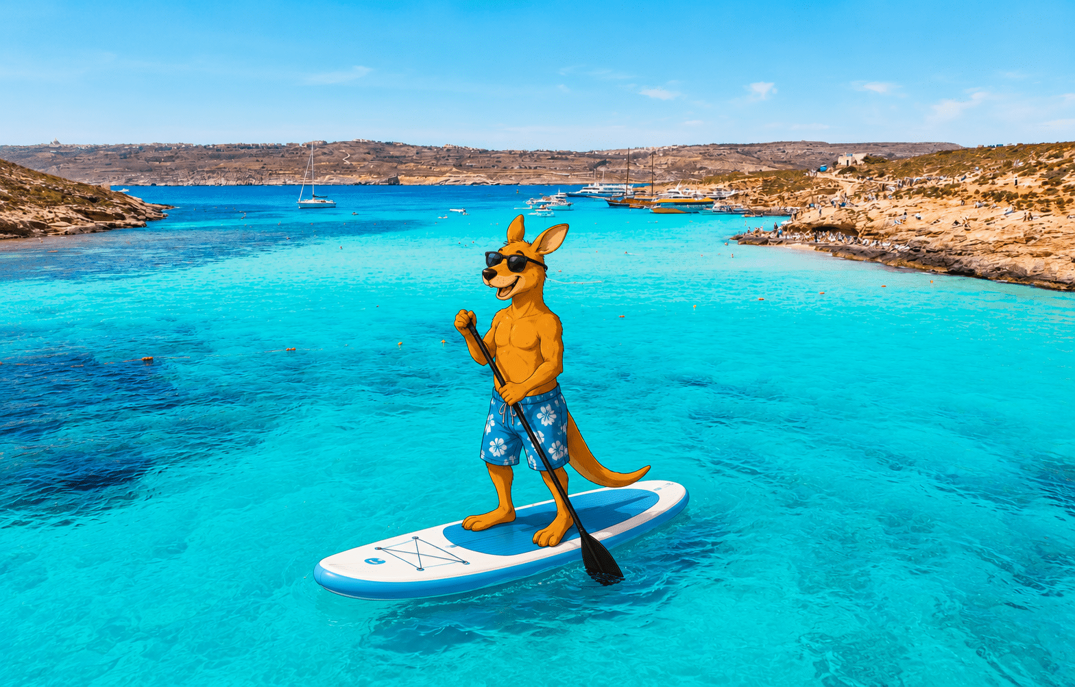 Kangurú en un paddle surf en la costa de Malta