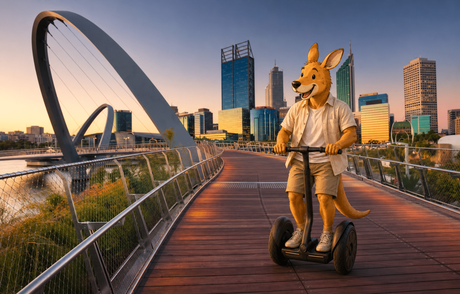 Kangurú recorriendo Perth en segway