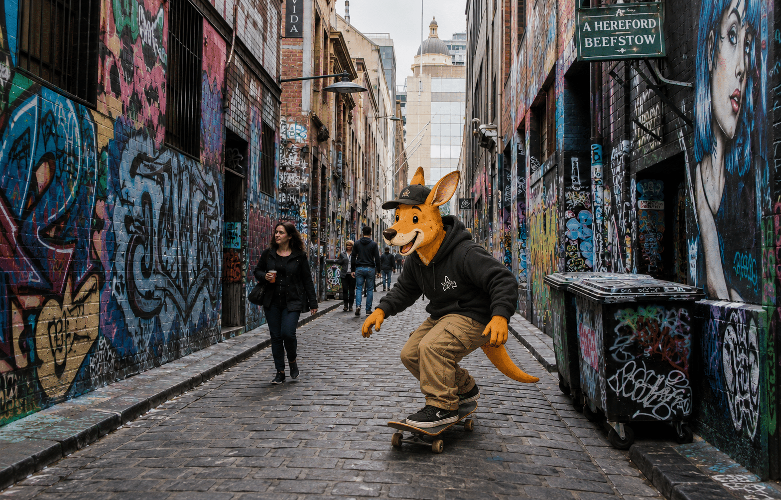 Kangurú en skateboard por Hosier Lane, Melbourne
