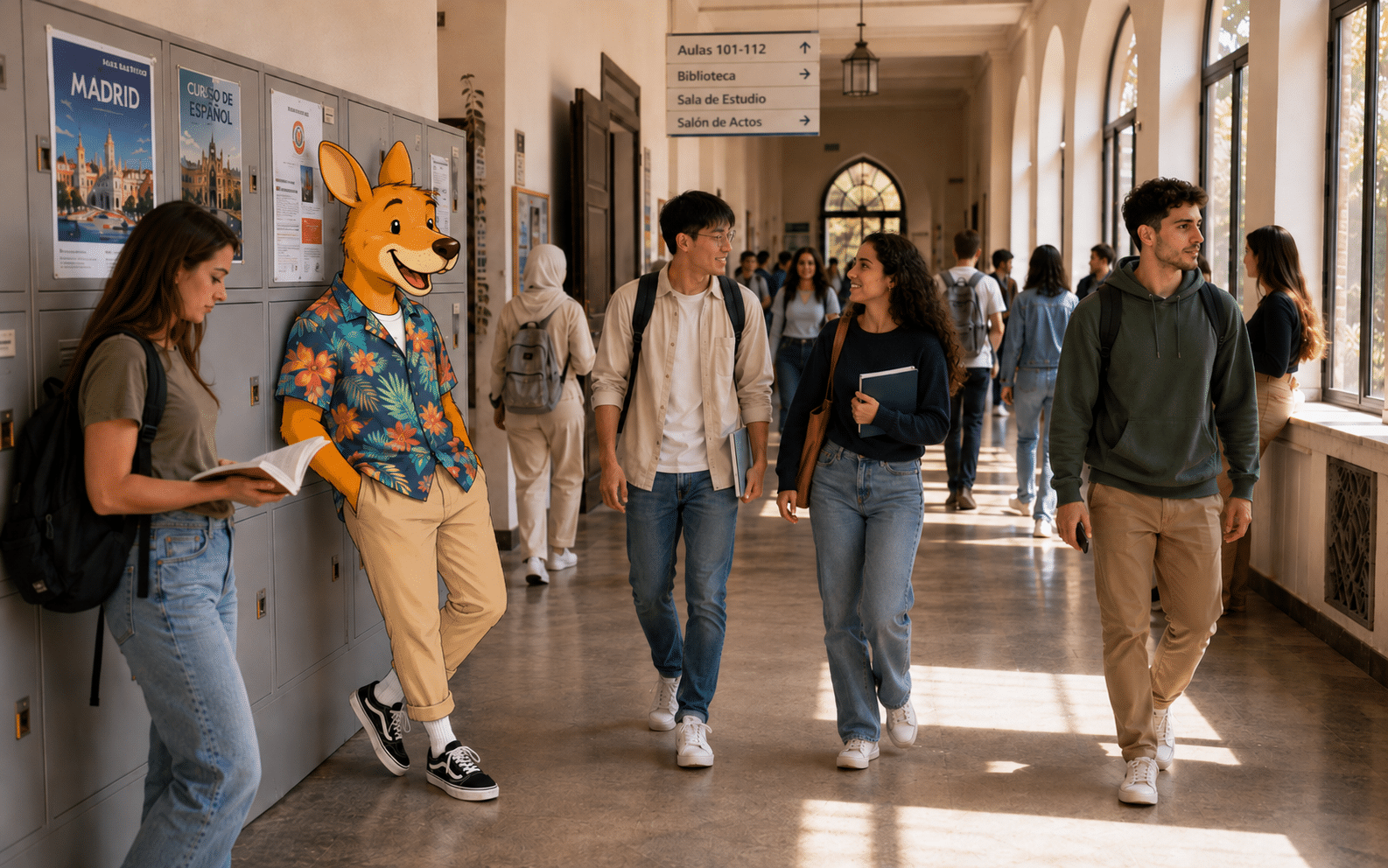 Kangurú entre estudiantes en una universidad de Madrid