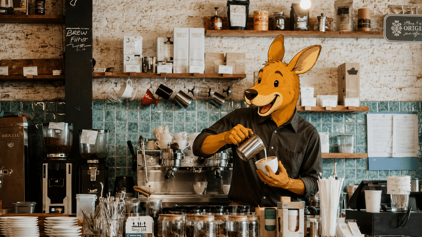 Kangurú trabajando como barista en Australia