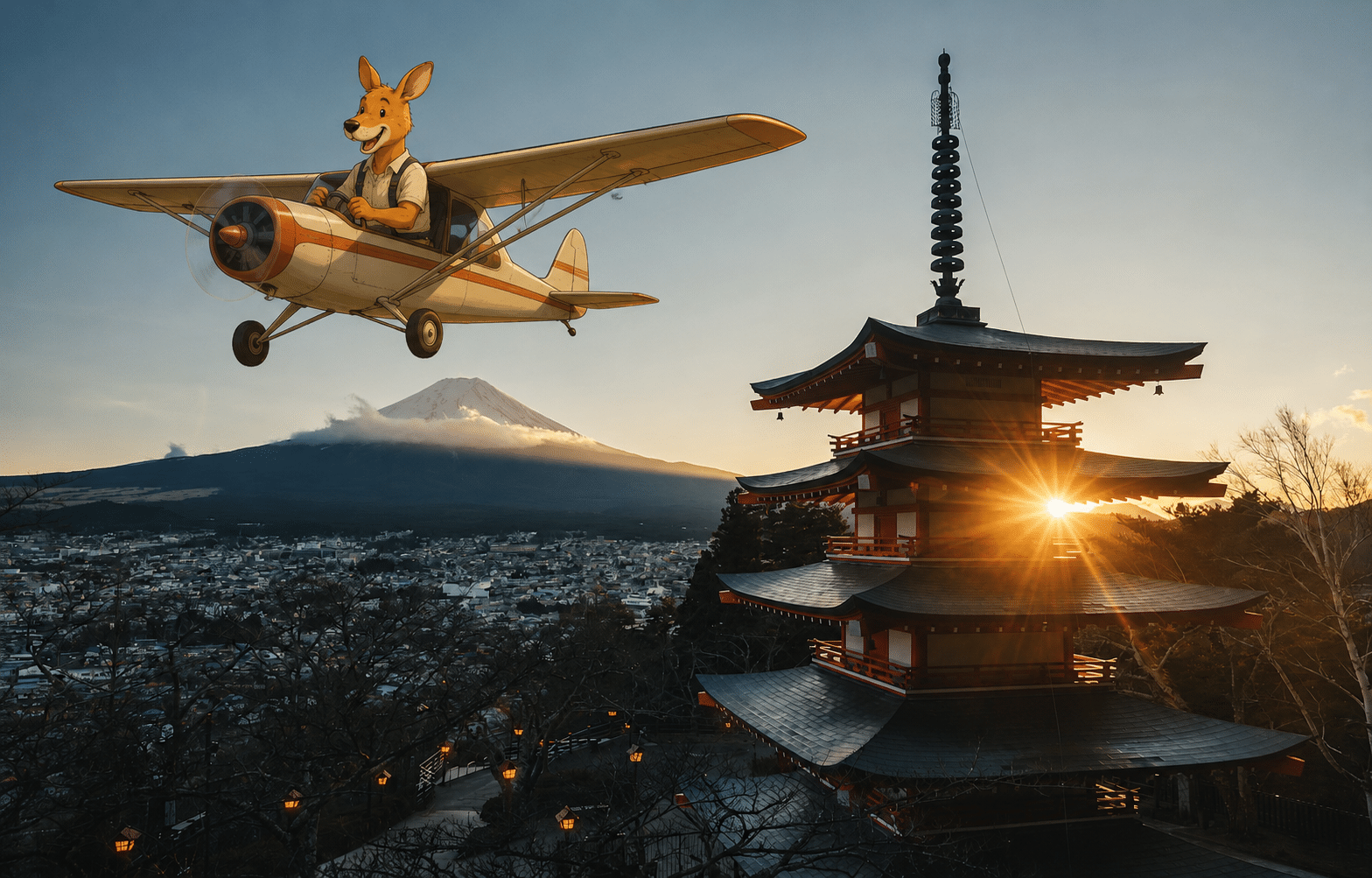 Kangurú volando sobre Japón