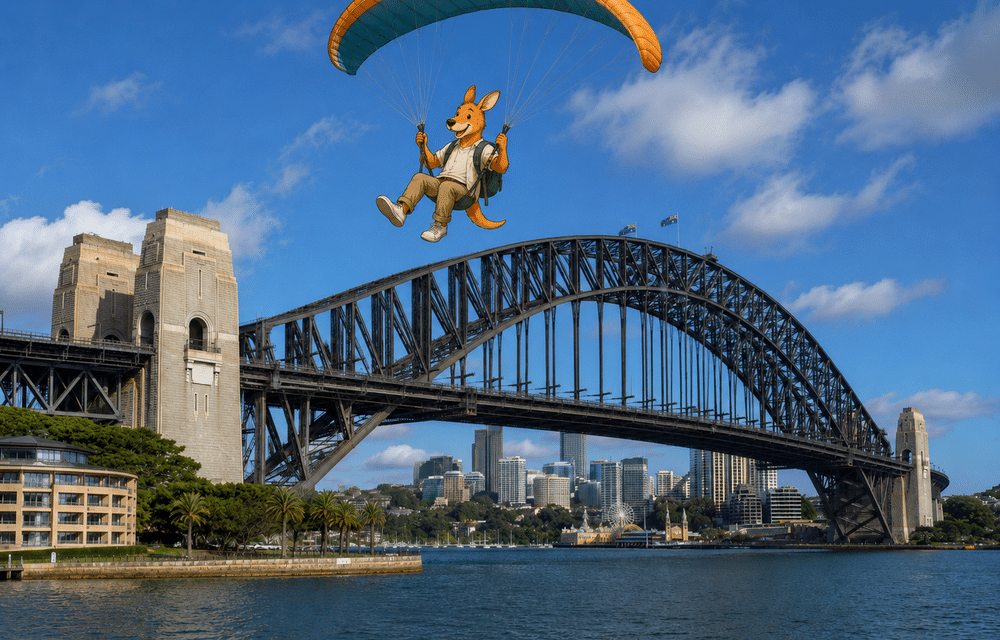 Kangurú volando sobre el Sydney Harbour Bridge